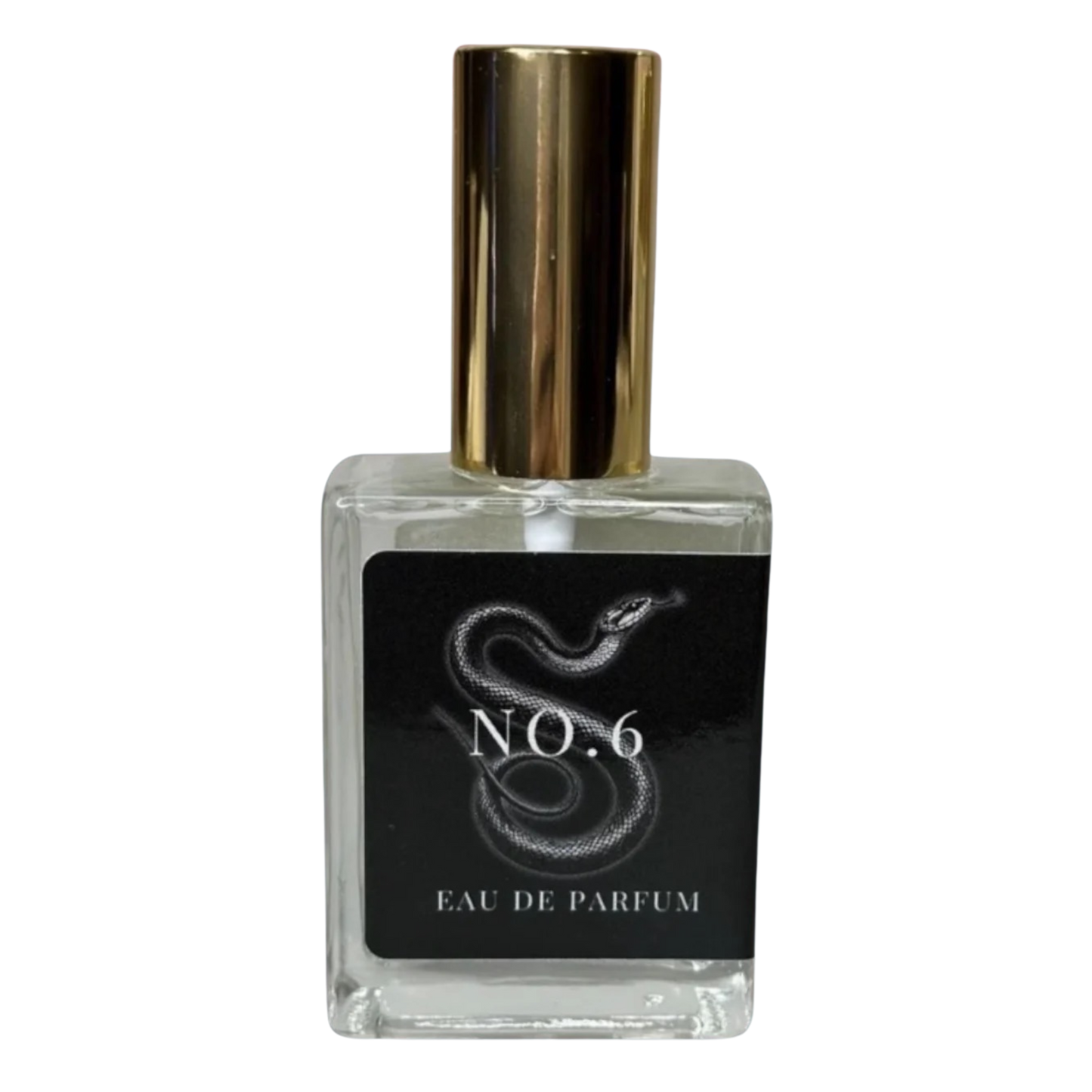 Perfume bottle labeled 'No. 6 Eau de Parfum' with a gold cap on a white background