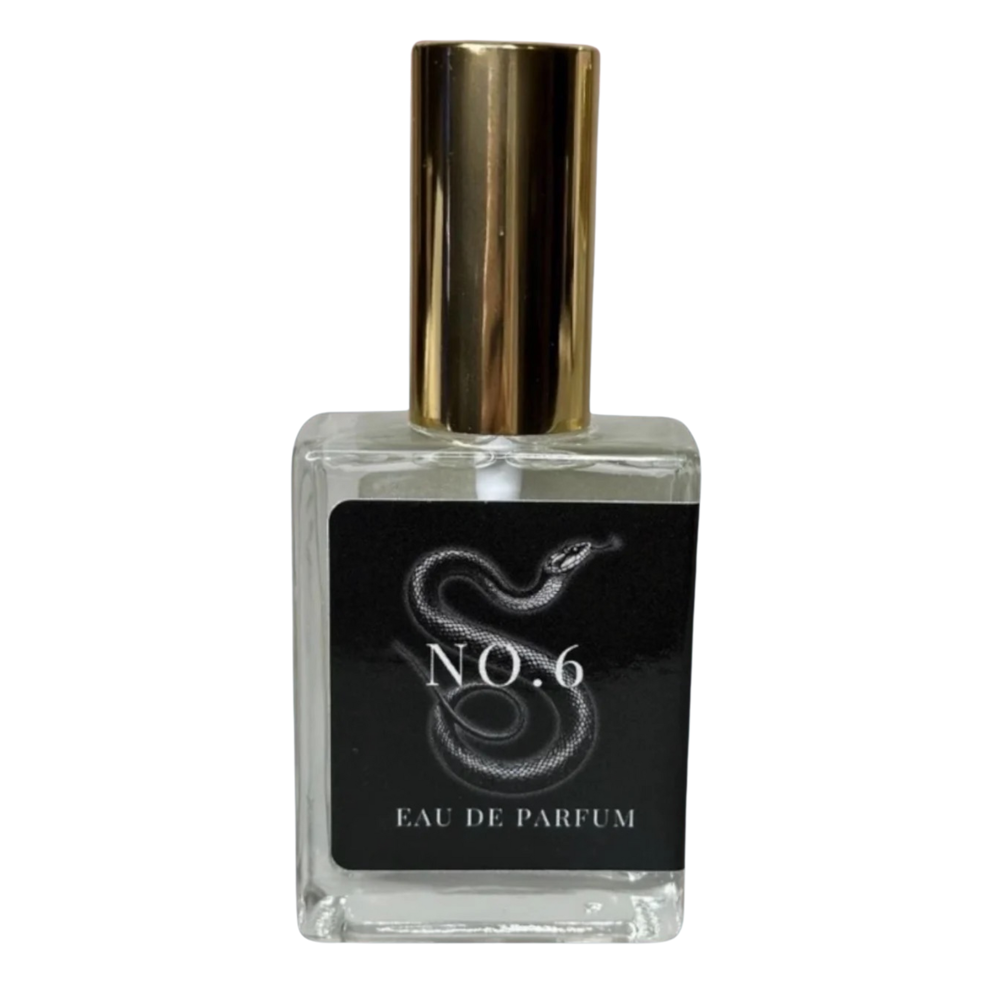Perfume bottle labeled 'No. 6 Eau de Parfum' with a gold cap on a white background