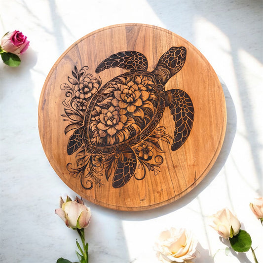 Rotating 14-Inch Floral Honu Lazy Susan - Hand-Engraved Acacia Wood Centerpiece
